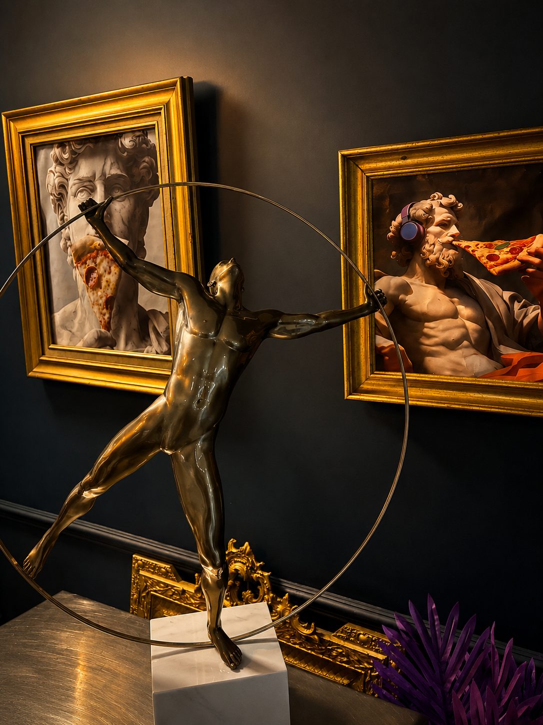 Statue d'archer argentée devant les tableaux pizza, sur fond bleu nuit