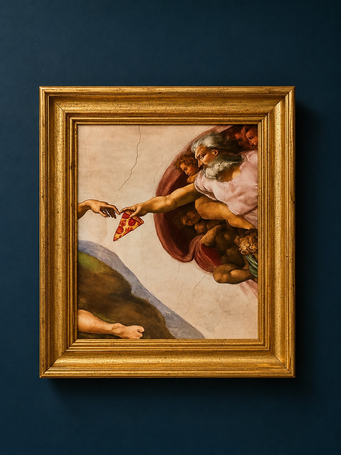 Tableau encadré d'or : la Création d'Adam revisitée avec une part de pizza