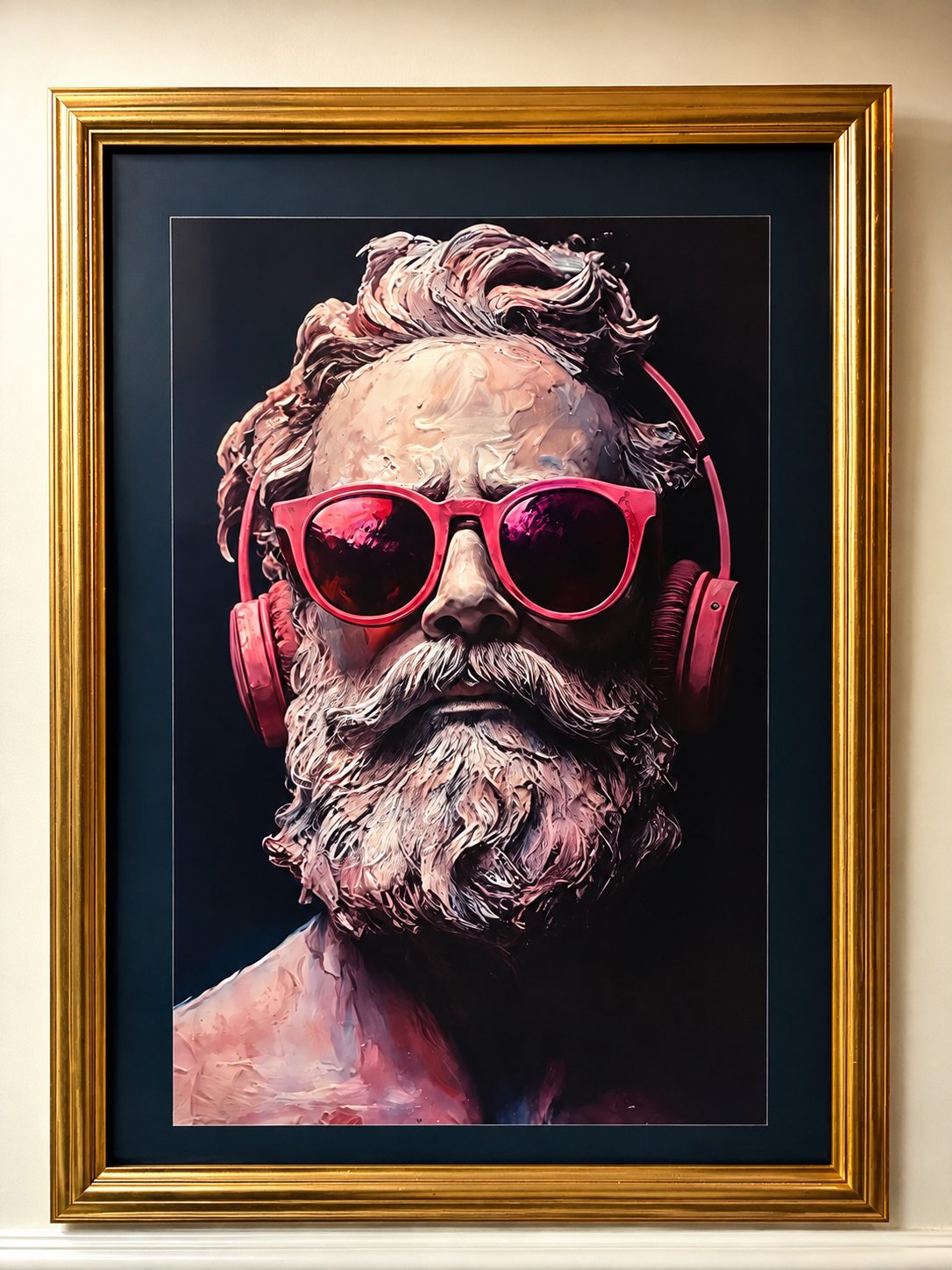 Tableau encadré d'or : buste de philosophe aux lunettes et casque audio roses